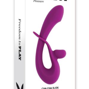 this body-safe silicone dual vibe features a unique slide that adjusts the clitoral stimulator to follow the shape