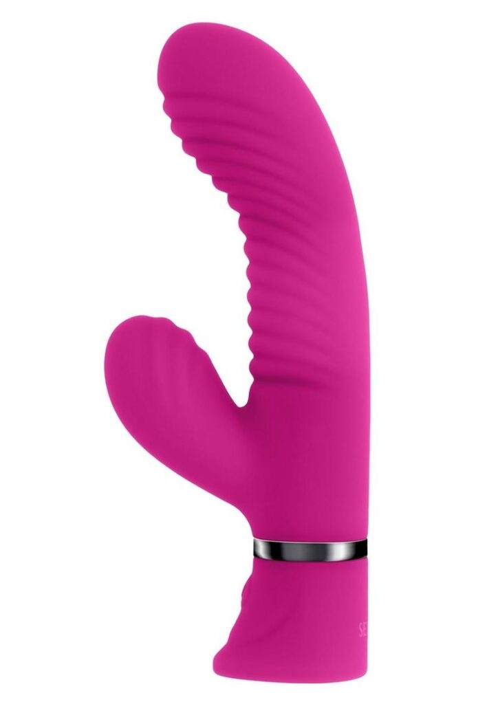 This vivid dual vibrator has wavy grooves on both shafts for unique stimulation and a curved design to reach interior erogenous zones with ease while its 2 powerful motors amp up simultaneously through multiple speeds and patterns. Specs:10 vibrating speeds andamp; patternsMade from phthalate andamp; latex-free silicone andamp; ABSUSB rechargeable
